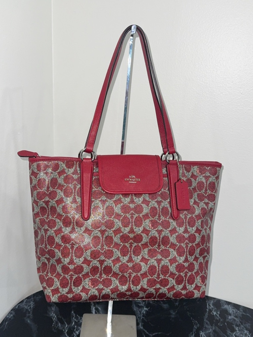 Coach Handbag Hot Red Signature Monogram Tote with Red Leather Trim AUTHENTIC